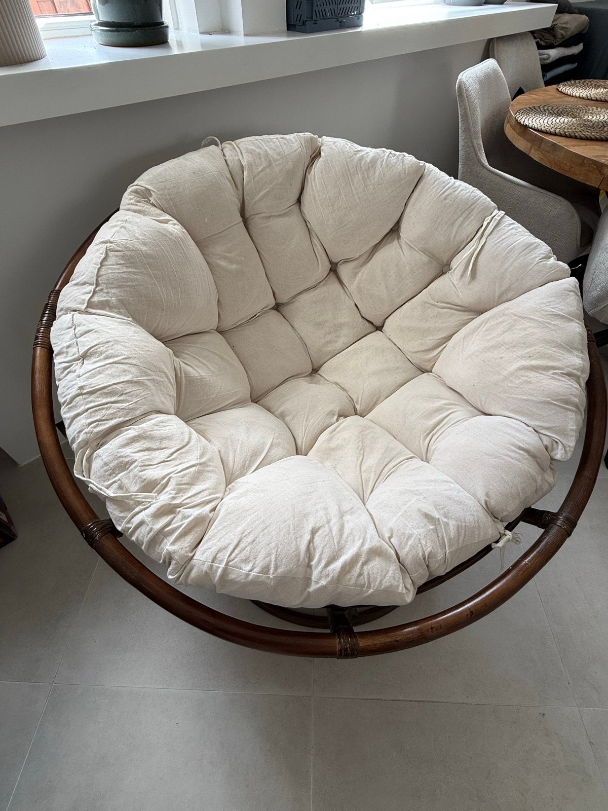 Papasan stoel met kussen - Zeer goede staat, Ophalen, Bruin, Riet of Rotan, Zo goed als nieuw