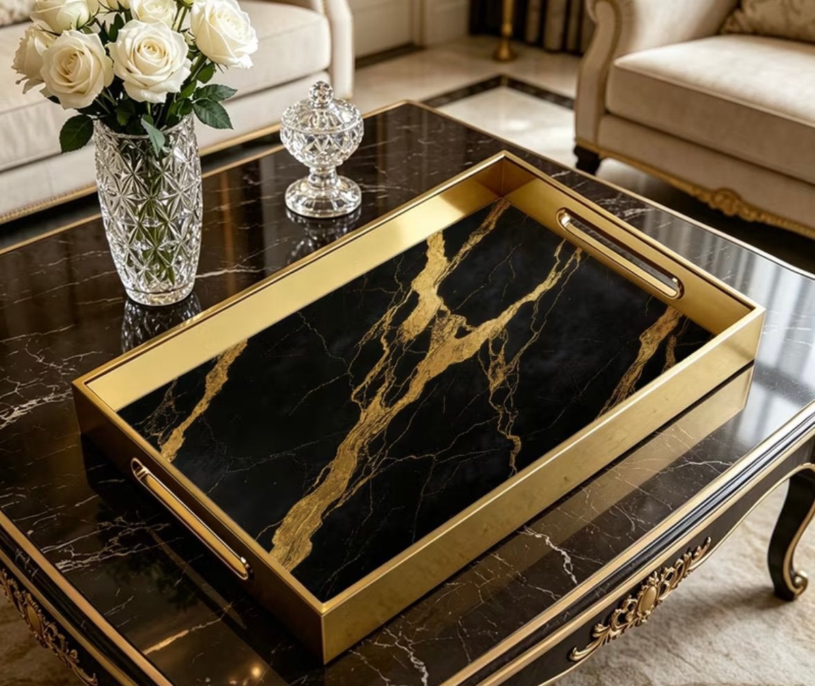Marmer tray dienblad zwart met gouden details, Overige materialen, Met opstaande rand, Nieuw, Ophalen of Verzenden