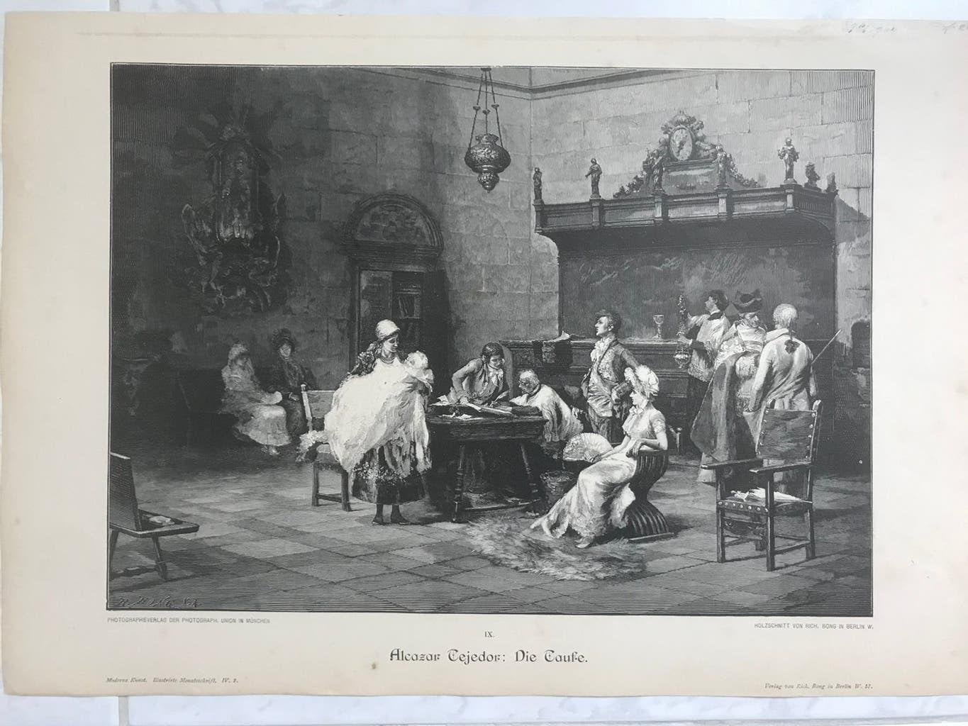 Alcázar Tejedor: Die Taufe, or. gravure 1895, 32x22cm. Mooi!, Antiek en Kunst, Religie, Ophalen of Verzenden, 32 cm, 1800 - 1899