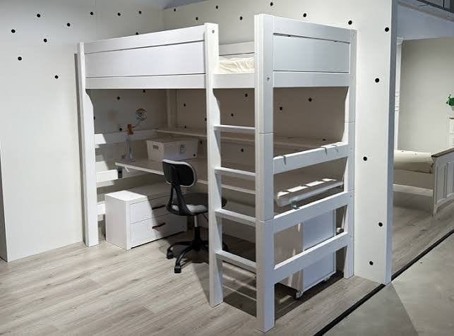 Lifetime Hoogslaperbed met Bureau 90x200 cm Whitewash/Grijs, Ophalen, Gebruikt, Eenpersoons, 160 tot 180 cm