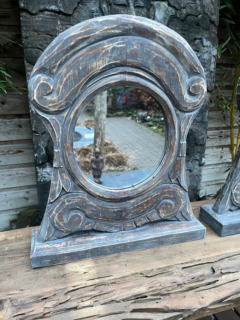 Brocante houtsnijwerk spiegel uit Bali staande spiegel sober, Nieuw, Ophalen of Verzenden, https://verburgtvintage.nl/#contact