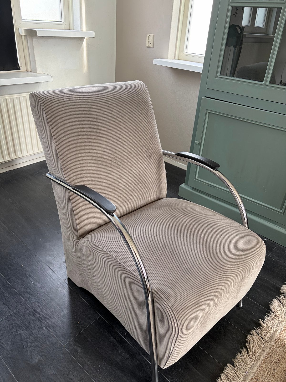 WOOOD Halifax/Sally fauteuil ribstof vergrijsd groen, Ophalen, Gebruikt, 75 tot 100 cm, Stof