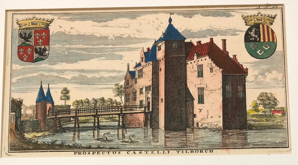 ingekleurde gravure kasteel Tilburg, 1730, Antiek en Kunst, Stadsgezicht, Ophalen of Verzenden, 11 cm, 21 cm