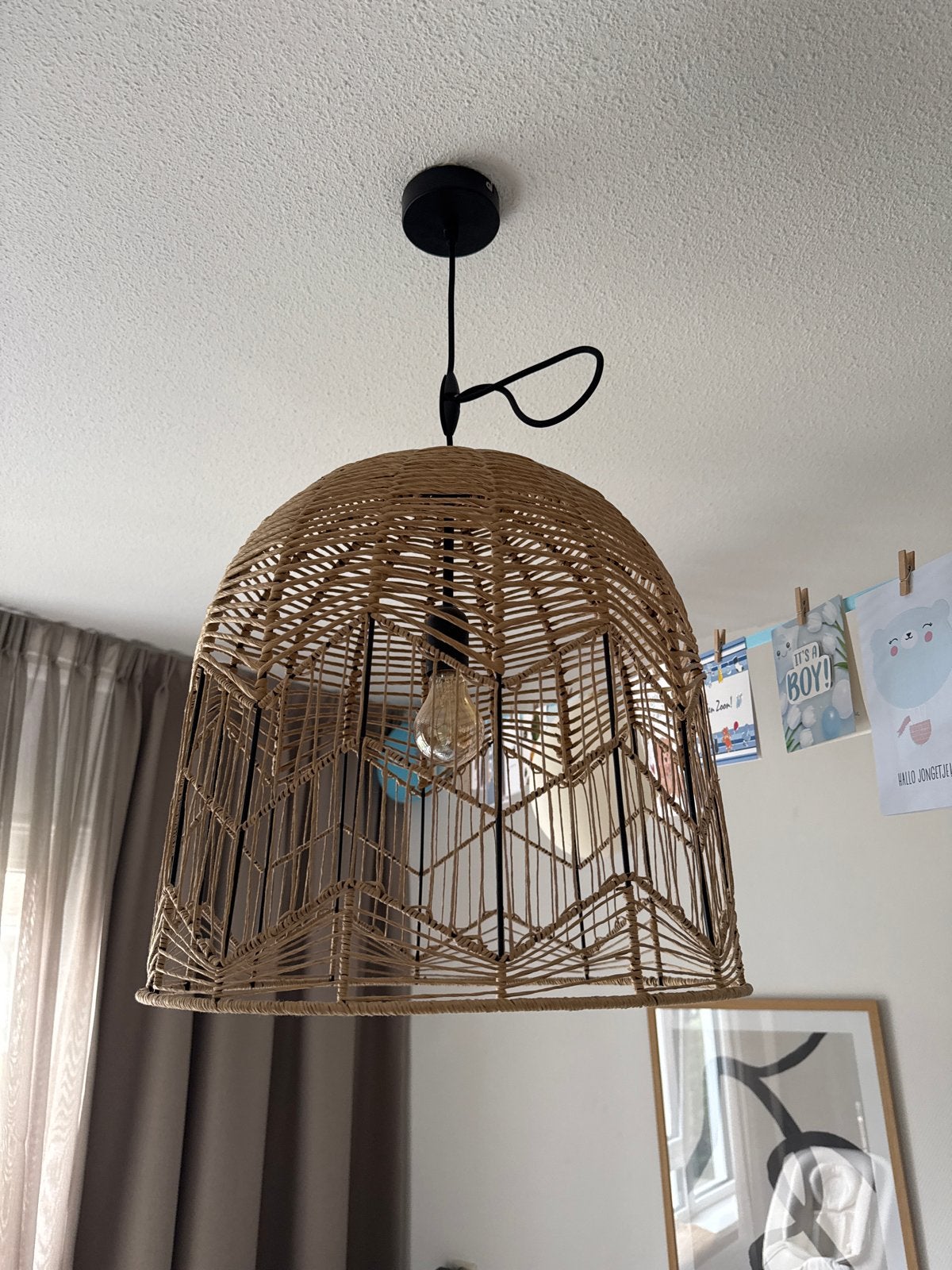 Rotan hanglamp - Boheemse stijl, Ophalen, Zo goed als nieuw, Natuurlijk materiaal, E27 (groot)