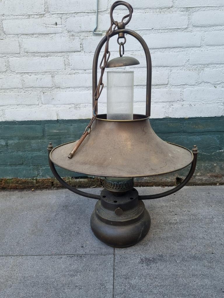 Antieke koperen hanglamp - Olie/Petroleum lamp, Antiek en Kunst, Antiek | Lampen, Ophalen of Verzenden