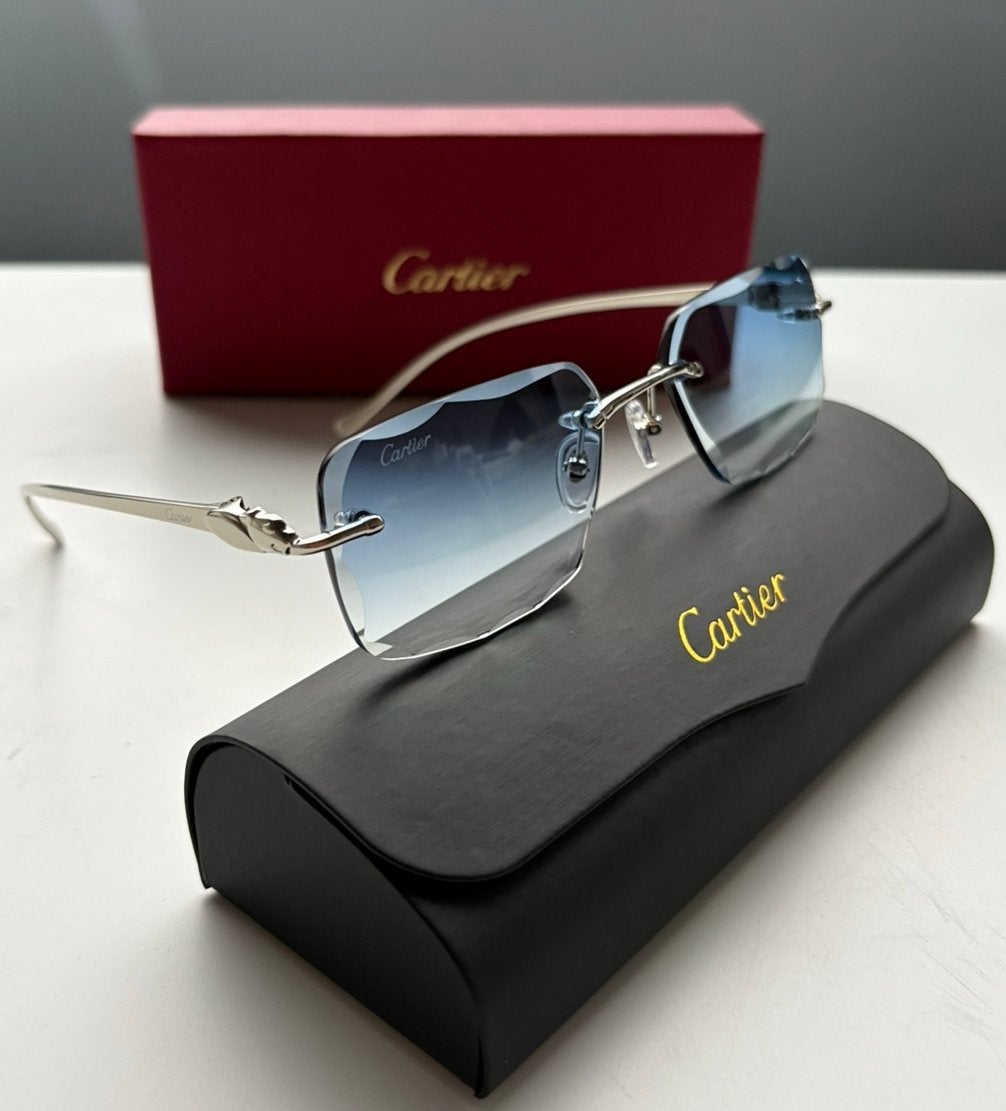 Cartier Panthère Blauw Zilveren Frame Luxe Zonnebril Heren, Ophalen of Verzenden, Nieuw, Blauw, Overige merken