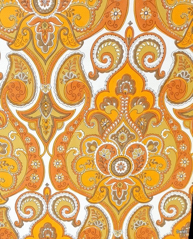 13272 Vintage barok behang met paisley in oranje swiet, Ophalen of Verzenden, Bruin
