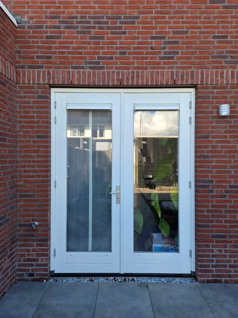 Dubbele houten tuindeuren met kozijn, glas, BUVA beslag, Ophalen, 120 cm of meer, 200 tot 215 cm, Glas