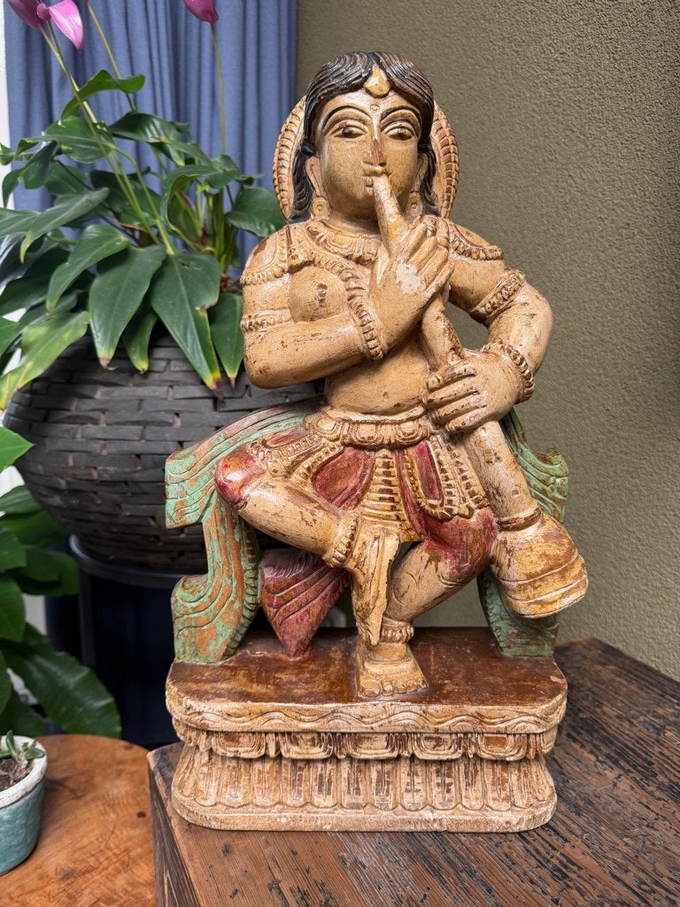 India houtsnijwerk beeld hindoegod Krishna Indiase 45,5 cm, Antiek en Kunst, Handgemaakt, Ophalen of Verzenden, 20 - 50 cm, Beeld