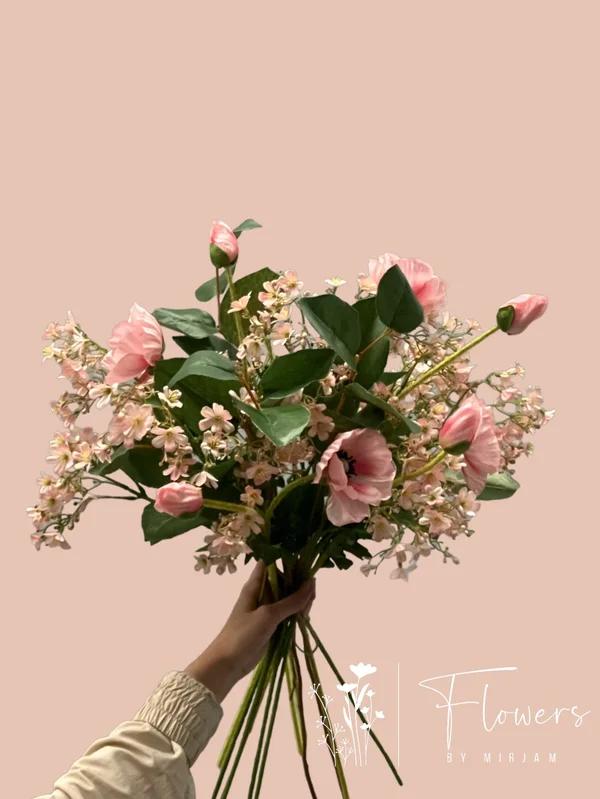 Zijden kunst boeket met roze tinten NIEUW!, Binnen, Info@flowersbymirjam.nl, Roze, 60 cm
