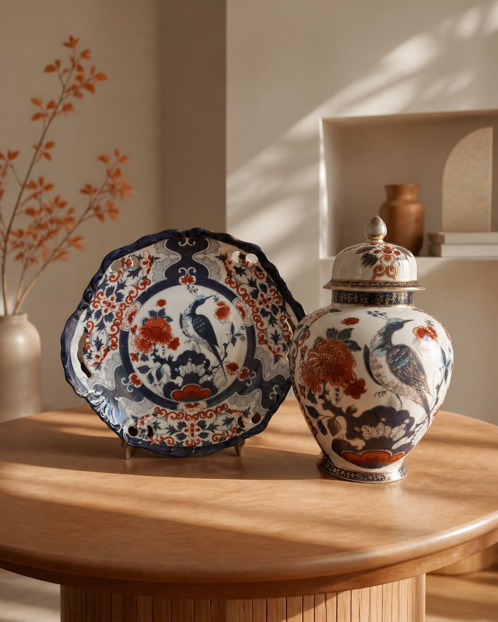 Mooie porseleinen set in Imari-stijl – wandbord en vaasje, Ophalen of Verzenden