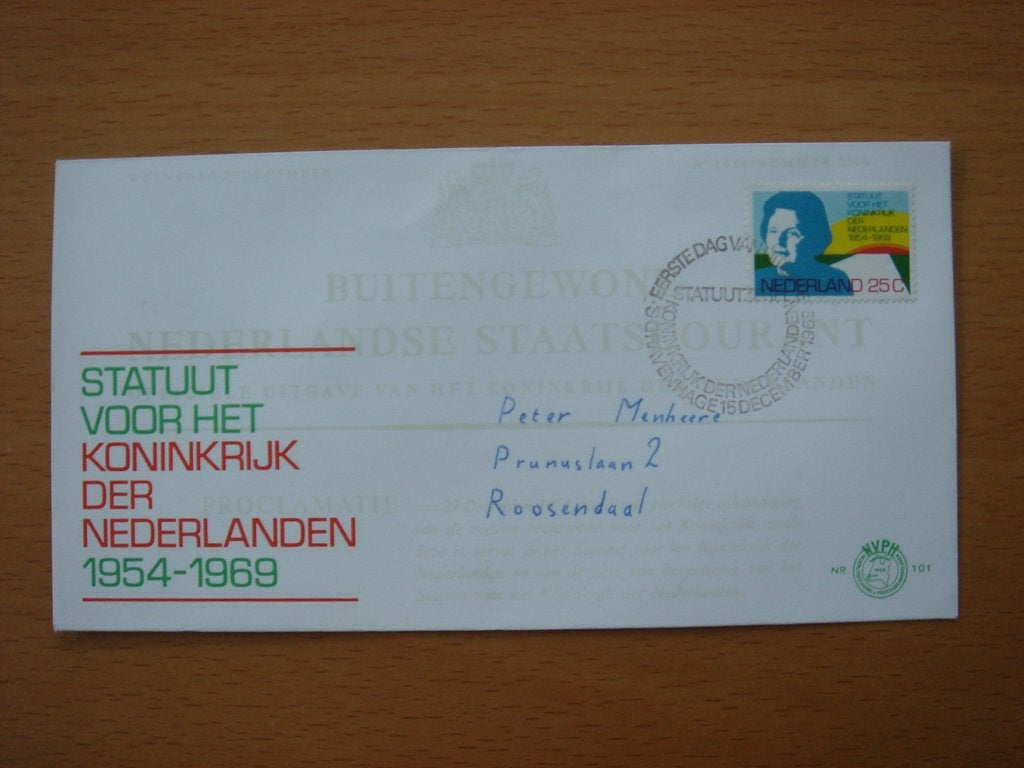 NVPH E101 1e DagEnveloppe 1969 Koninkrijks Statuut 1954-1969, Ophalen of Verzenden, Beschreven, Nederland