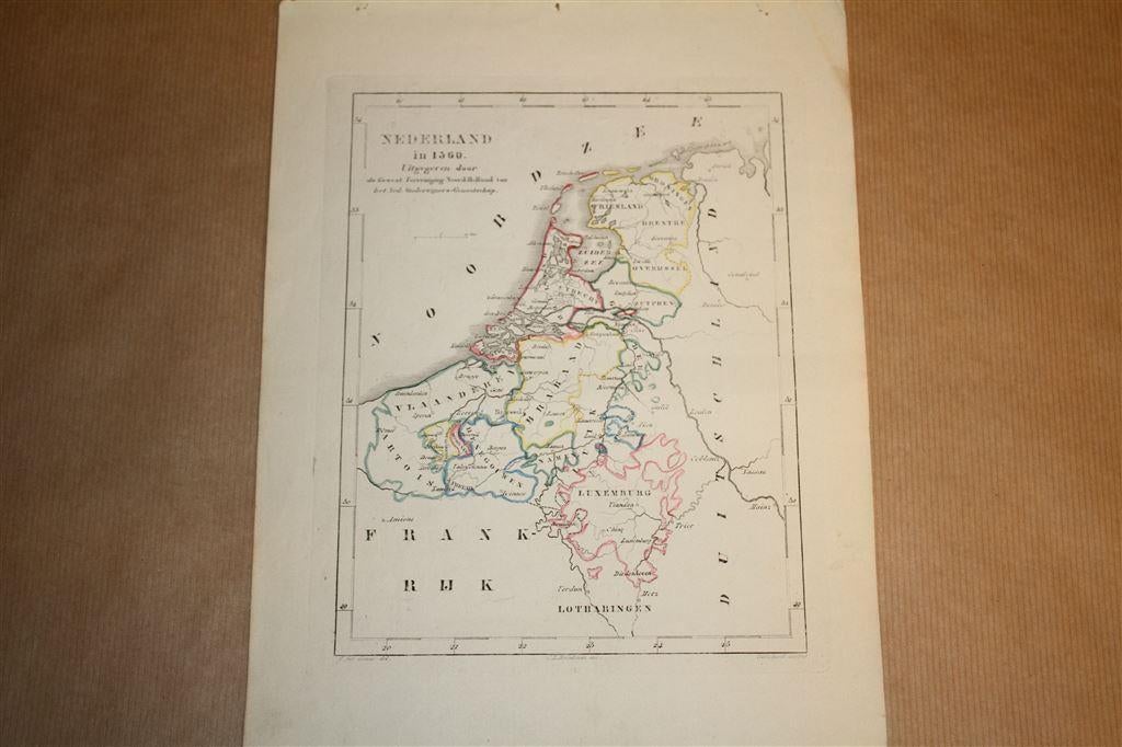 Antieke kaart - Nederland in 1560 - Witkamp - 1878, Gelezen, Ophalen of Verzenden, Landkaart, 1800 tot 2000