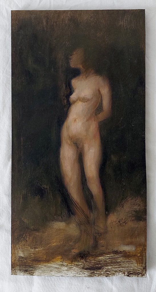 Schilderijtje van Staand Vrouwelijk Naakt - Olieverf, Portret of Personen, Ophalen of Verzenden, Olieverf, Klassiek