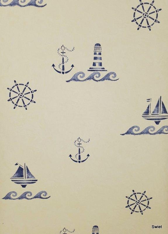 12837 Marine behang met scheepjes op warm botergeel swiet, Verzenden, Minder dan 10 m², Wit