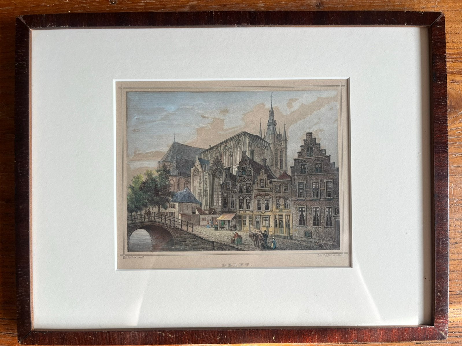 Antieke staalgravure van oude kerk Delft., Ophalen of Verzenden