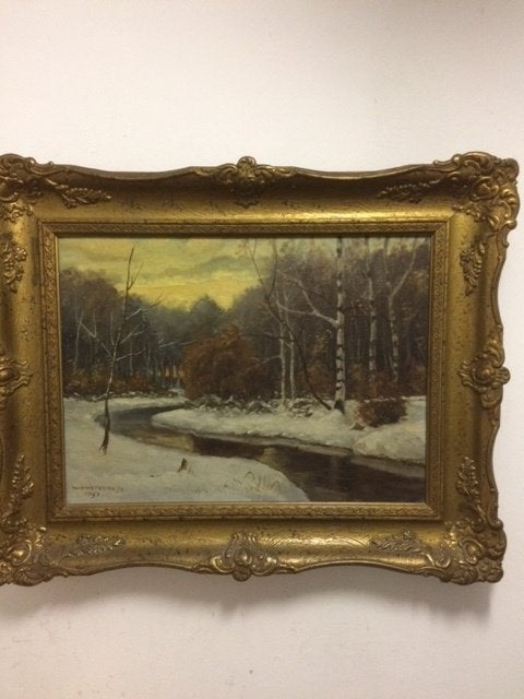 Schilderij op board 'Winterlandschap'..., Antiek en Kunst, Kunst | Schilderijen | Klassiek, Paneel, Landschap, Olieverf, Klassiek