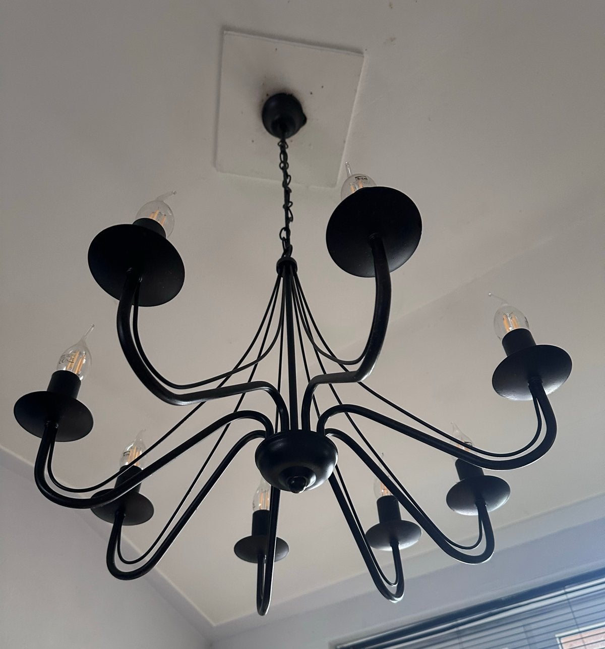 Zwarte Kroonluchter met 8 Armen - Modern Design, Ophalen of Verzenden, Zo goed als nieuw, Metaal, E14 (klein)