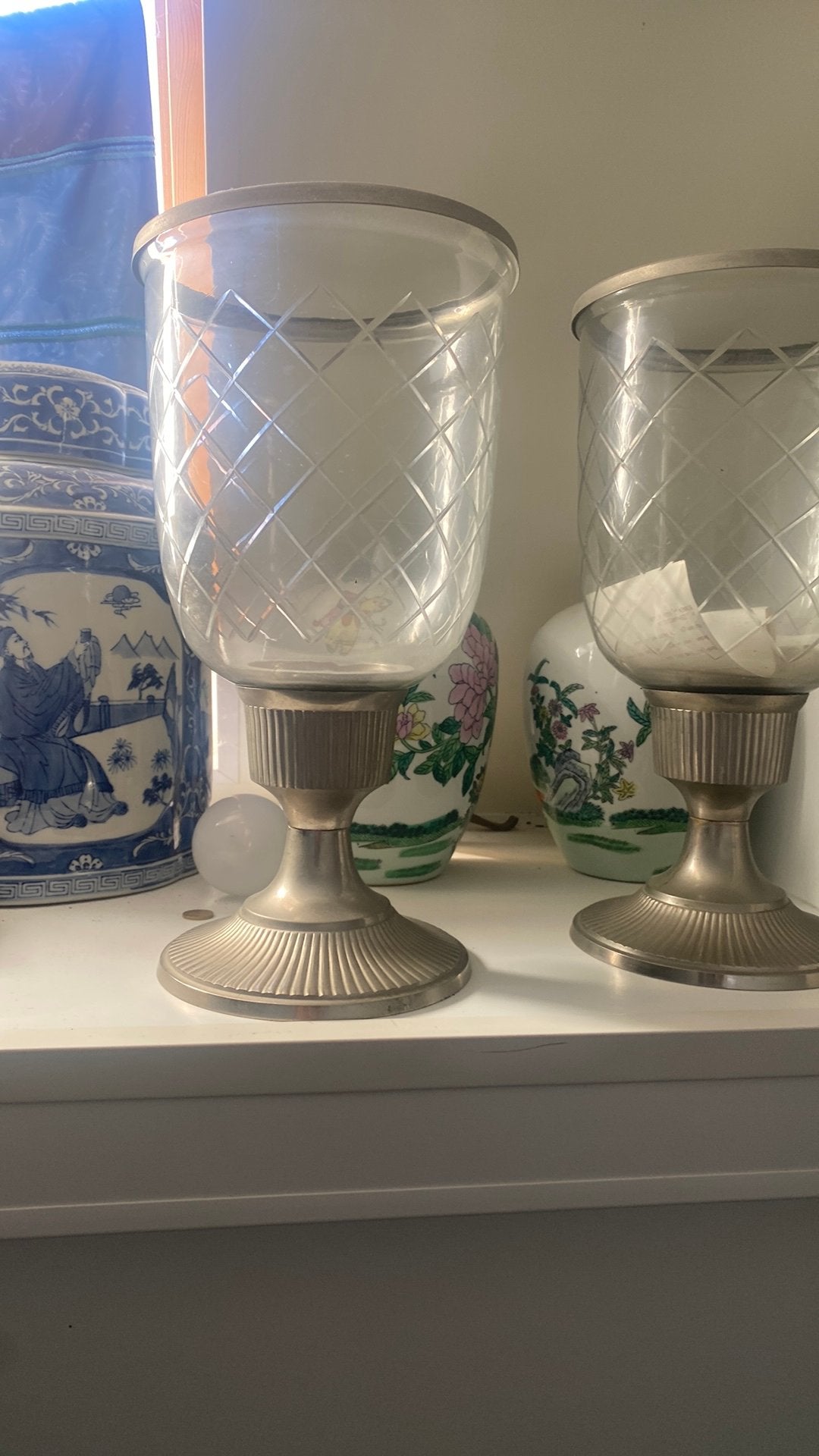 2 grote mooie windlichten met geslepen glas 38 cm, Ophalen, Zo goed als nieuw, Overige typen