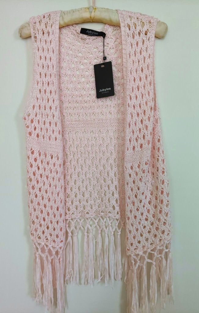 SUPER LEUK roze gehaakt mouwloos vestje met franjes mt. S, Kleding | Dames, Truien en Vesten, Ophalen of Verzenden, Nieuw, Maat 36 (S)