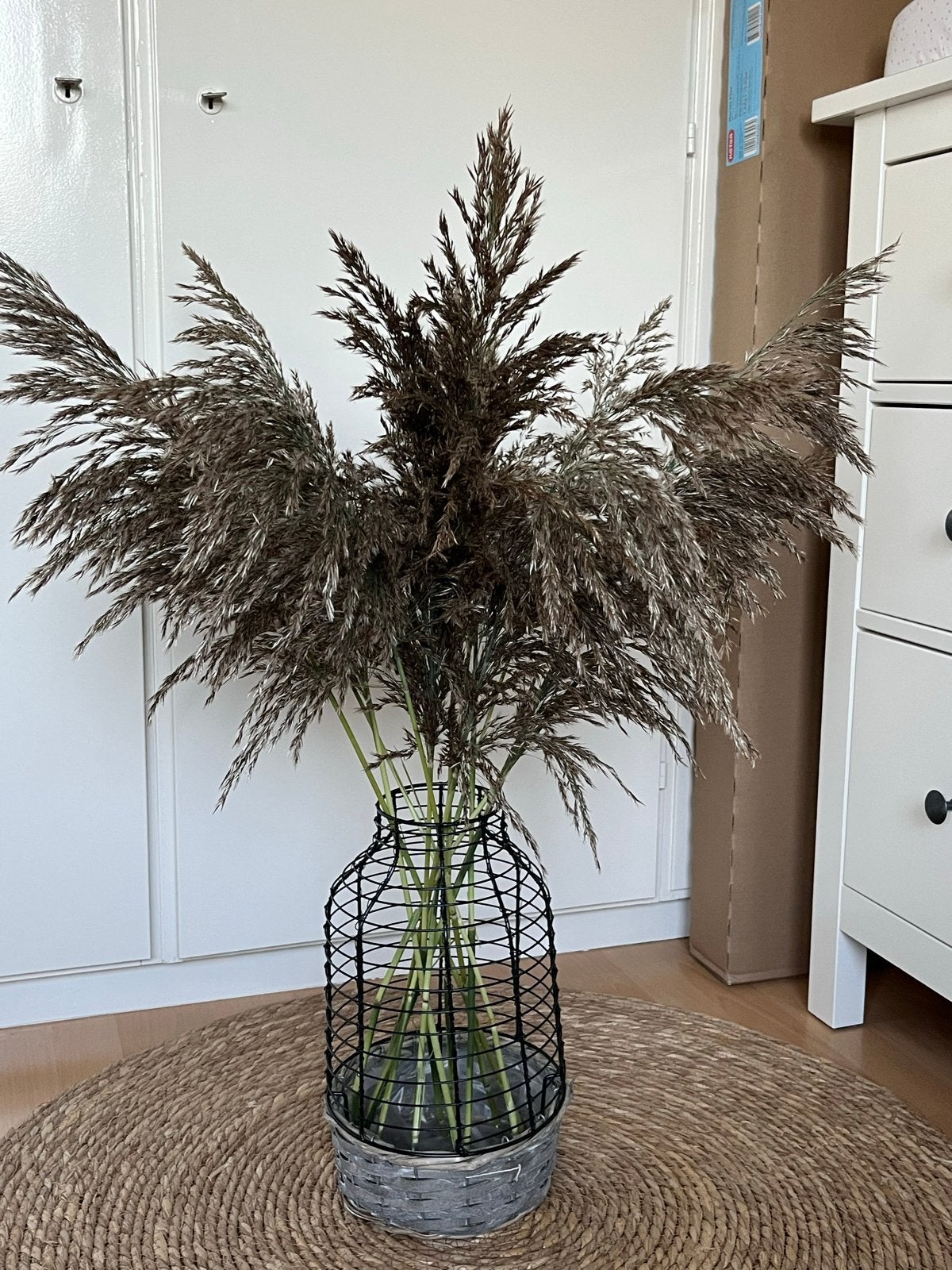 Moderne zwarte vaas met grijze mand en pluimen, Ophalen, Overige materialen, Inclusief droogbloemen, Nieuw