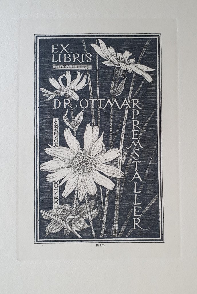 Exlibris / Ex libris F.J. Pilz, Arnica Montana, valkruid, Antiek en Kunst, Kunst | Etsen en Gravures, Verzenden