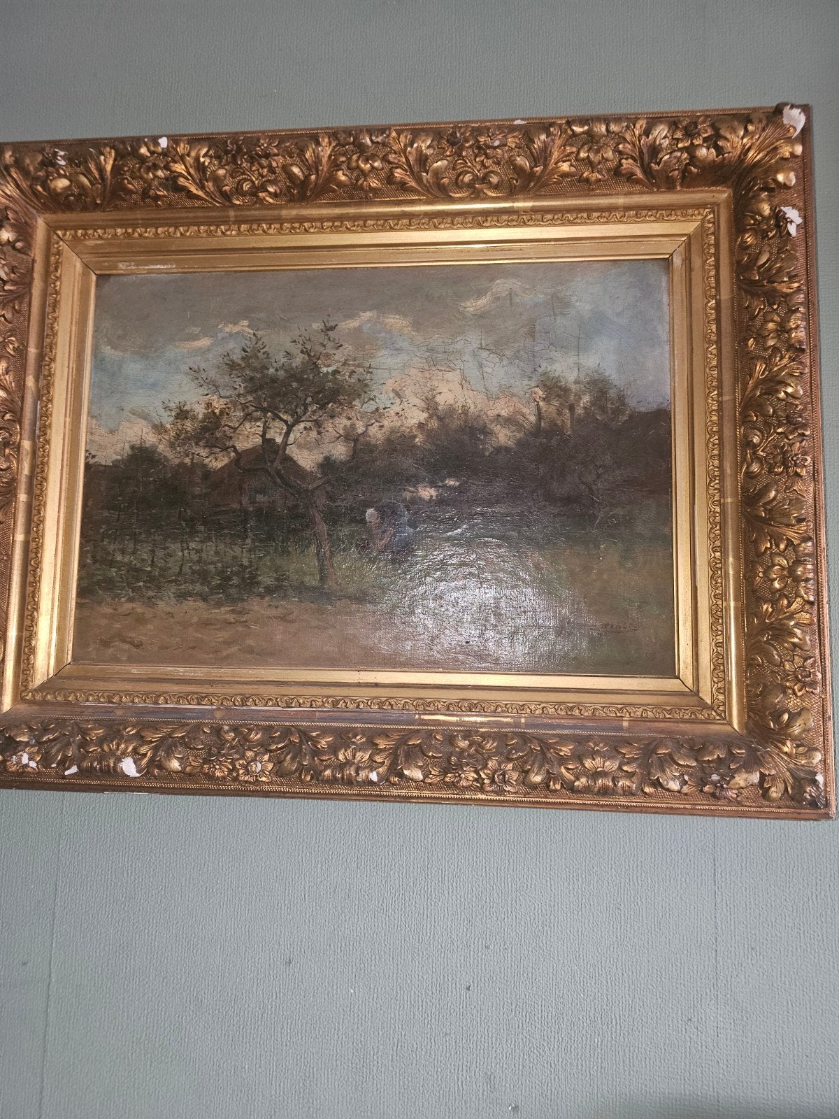 Oud Hollands Landschap met Vrouw en Huisje, Ophalen of Verzenden