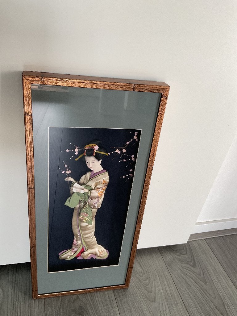 Geisha, in reliëf, ingelijst, Ophalen, Groen, Oosters, Decoratieobject