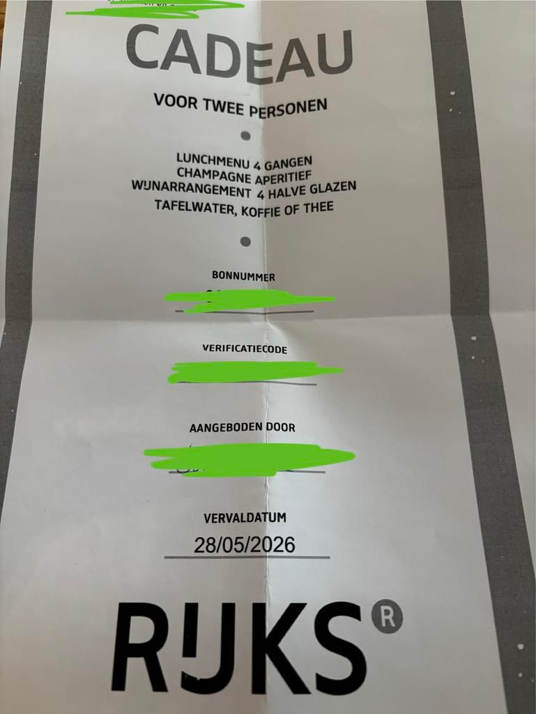 Cadeaubon Restaurant rijks, Tickets en Kaartjes, Twee personen, Cadeaubon, Arrangement