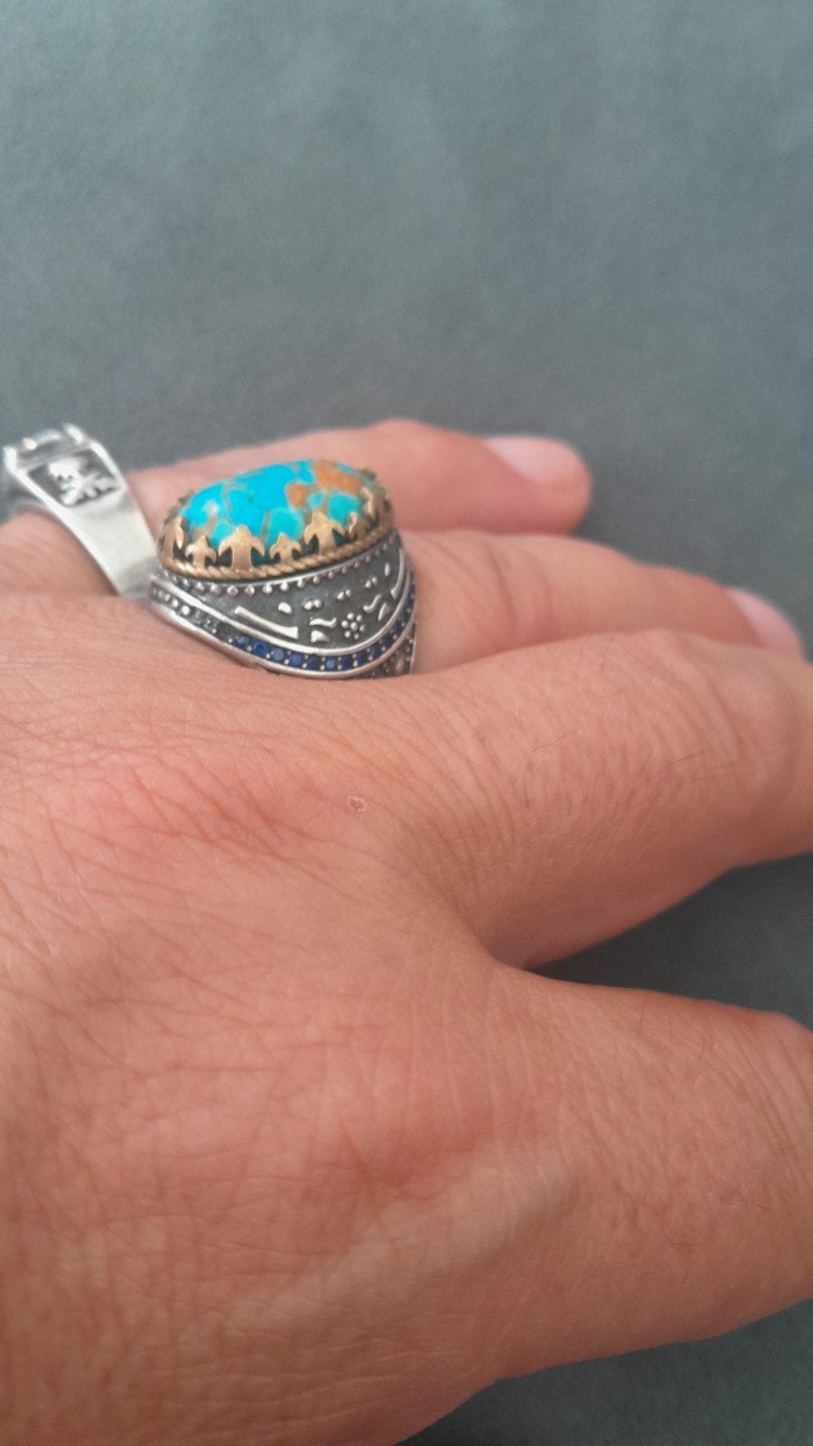 Zilveren ring met turquoise en blauwe stenen, 20 of groter, Blauw, Ophalen of Verzenden, Zo goed als nieuw