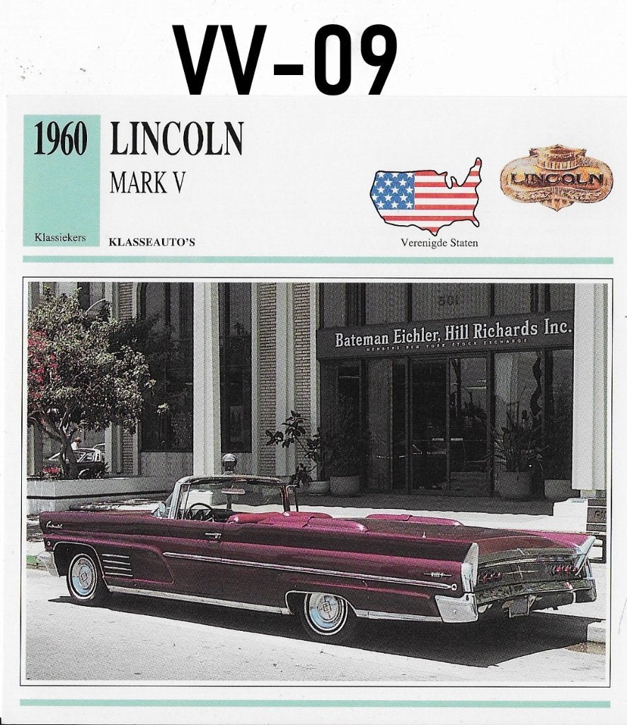 Vv9 autokaart lincoln mark v ( 1960 ) afmeting 14 cm x 14 cm, Ophalen of Verzenden, Zo goed als nieuw, Auto's
