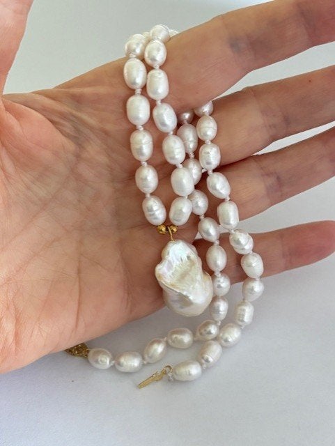 Ketting Witte Rijst Parels Enorm Zuidzee Edison Parel Goud, Ophalen of Verzenden, Nieuw, Wit, Goud