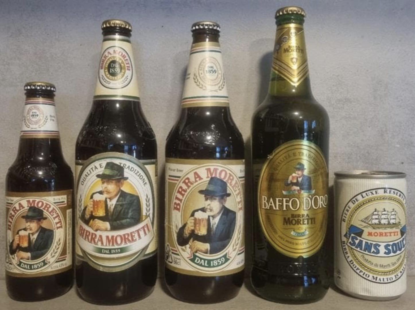 Vintage & oude Birra Moretti set 33/66cl + Sans Souci blik, Ophalen of Verzenden, Zo goed als nieuw, Flesje(s), Overige merken