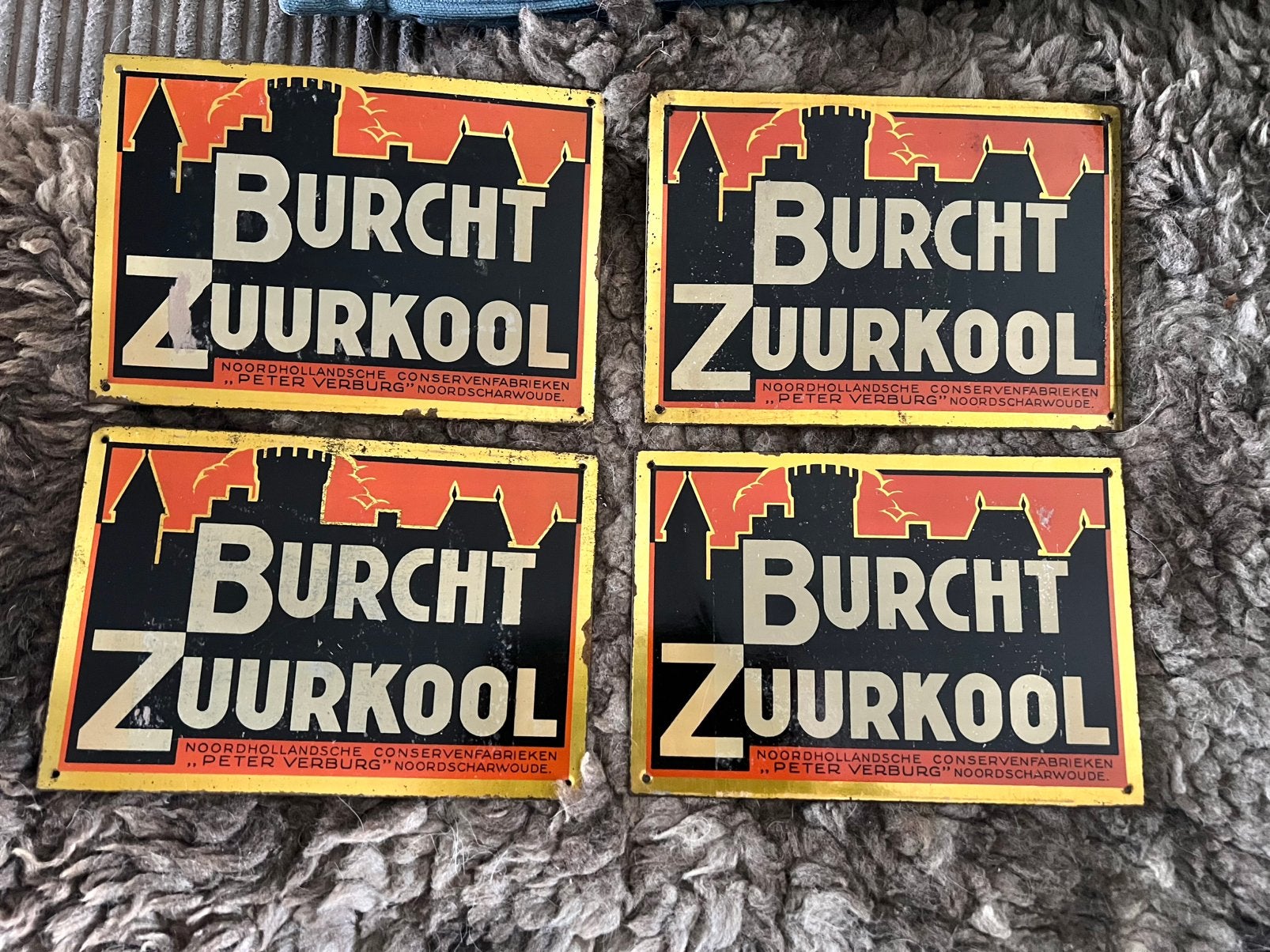 4 x OUD BURCHT ZUURKOOL RECLAME BORDJE, Ophalen of Verzenden, Reclamebord