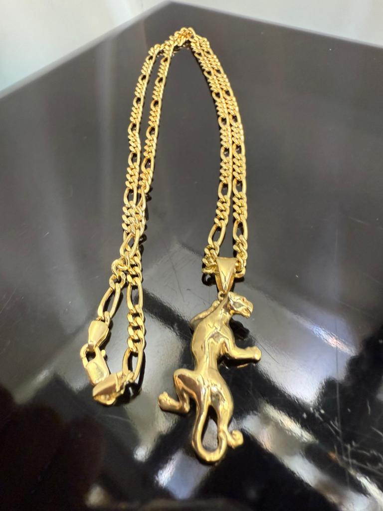 Prachtige 14 karaats gouden figaro ketting met panter hanger, Ophalen of Verzenden, Nieuw, Goud