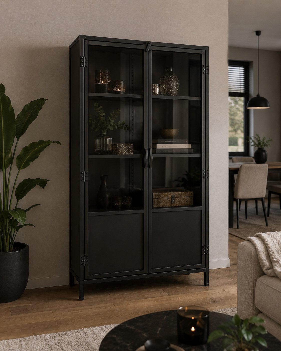 Zwart metalen kast van Kwantum, Huis en Inrichting, Kasten | Vitrinekasten, Ophalen, Met deur(en), 50 tot 100 cm, Zo goed als nieuw