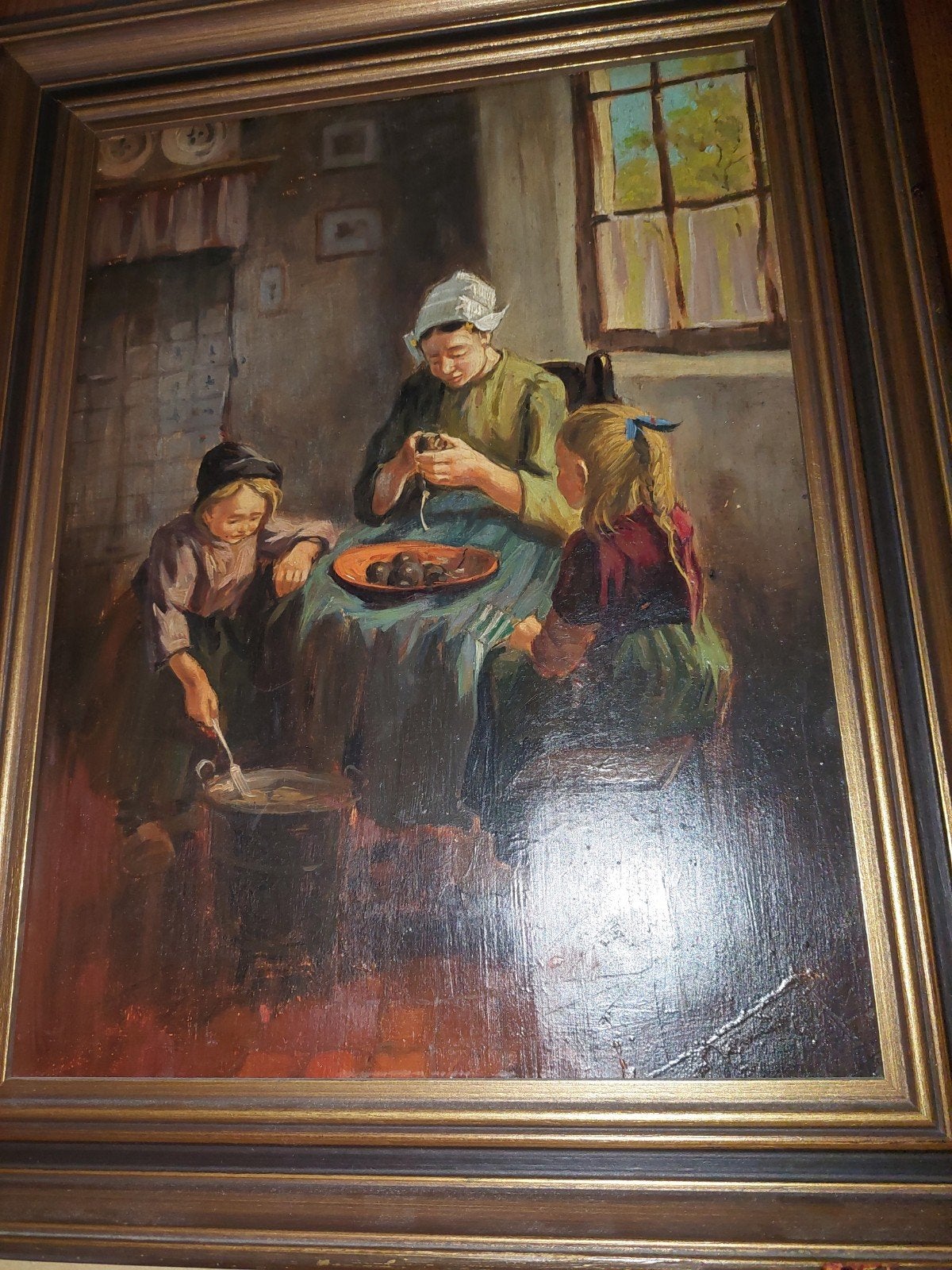 Oud Hollands tafereel: Moeder en kinderen aan tafel, Ophalen, Paneel, Handgeschilderd, Portret of Personen