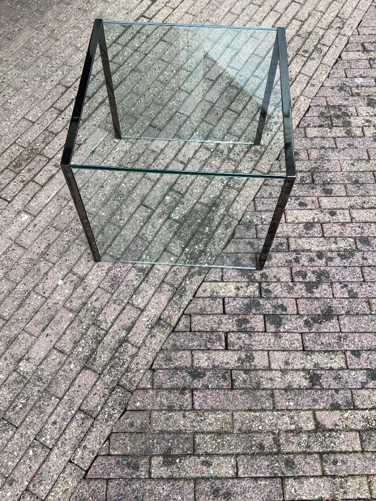 2 glazen design bijzettafels, Minder dan 55 cm, Vierkant, Ophalen, 45 tot 60 cm