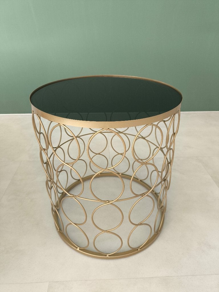 Bijzettafel / salontafel rookglas messing rond, Minder dan 55 cm, Gebruikt, Rond, Glas