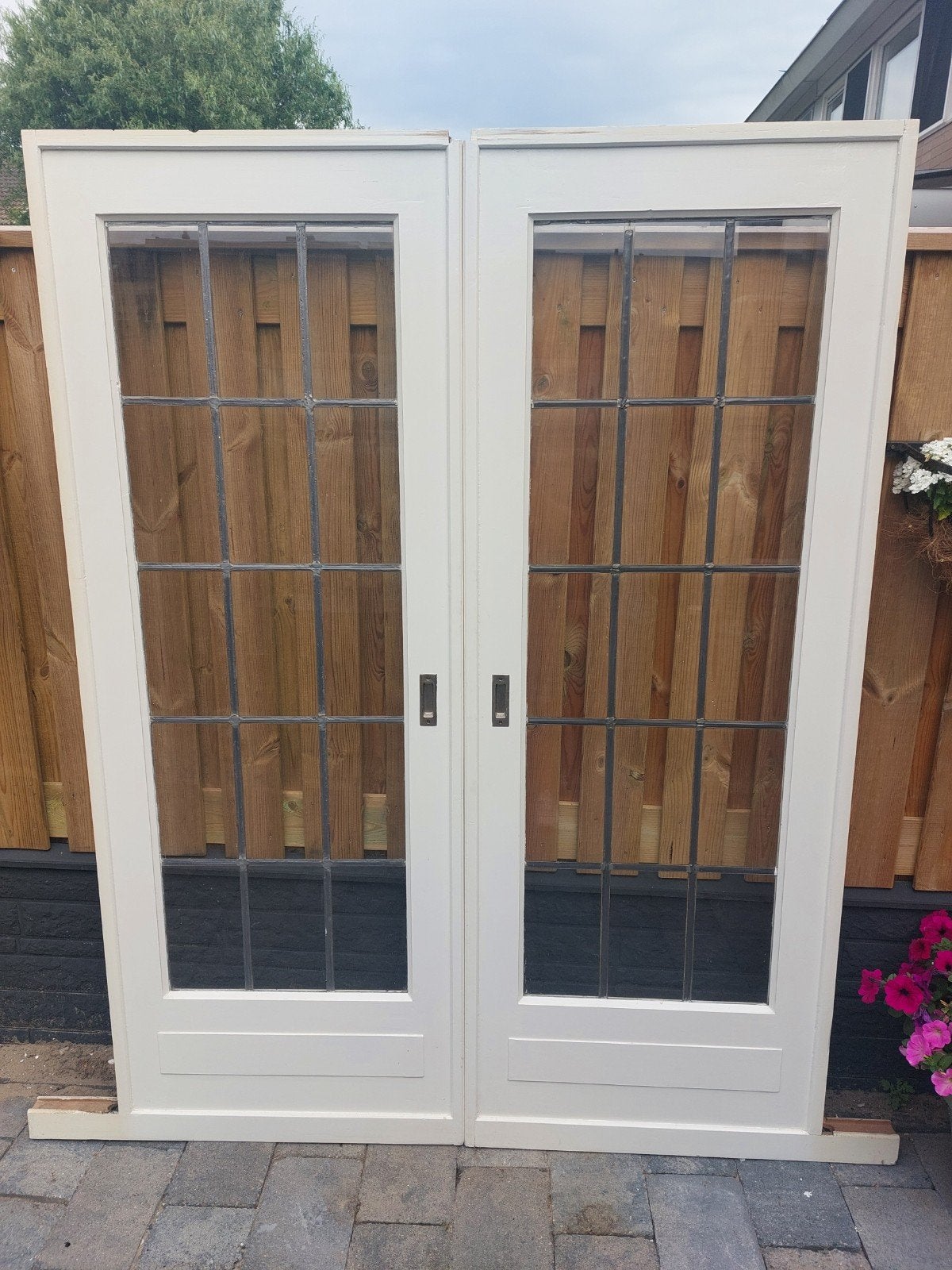 Authentieke jaren '50 ensuite schuifdeuren met glas in lood, Gebruikt, Minder dan 80 cm, Binnendeur, Ophalen of Verzenden