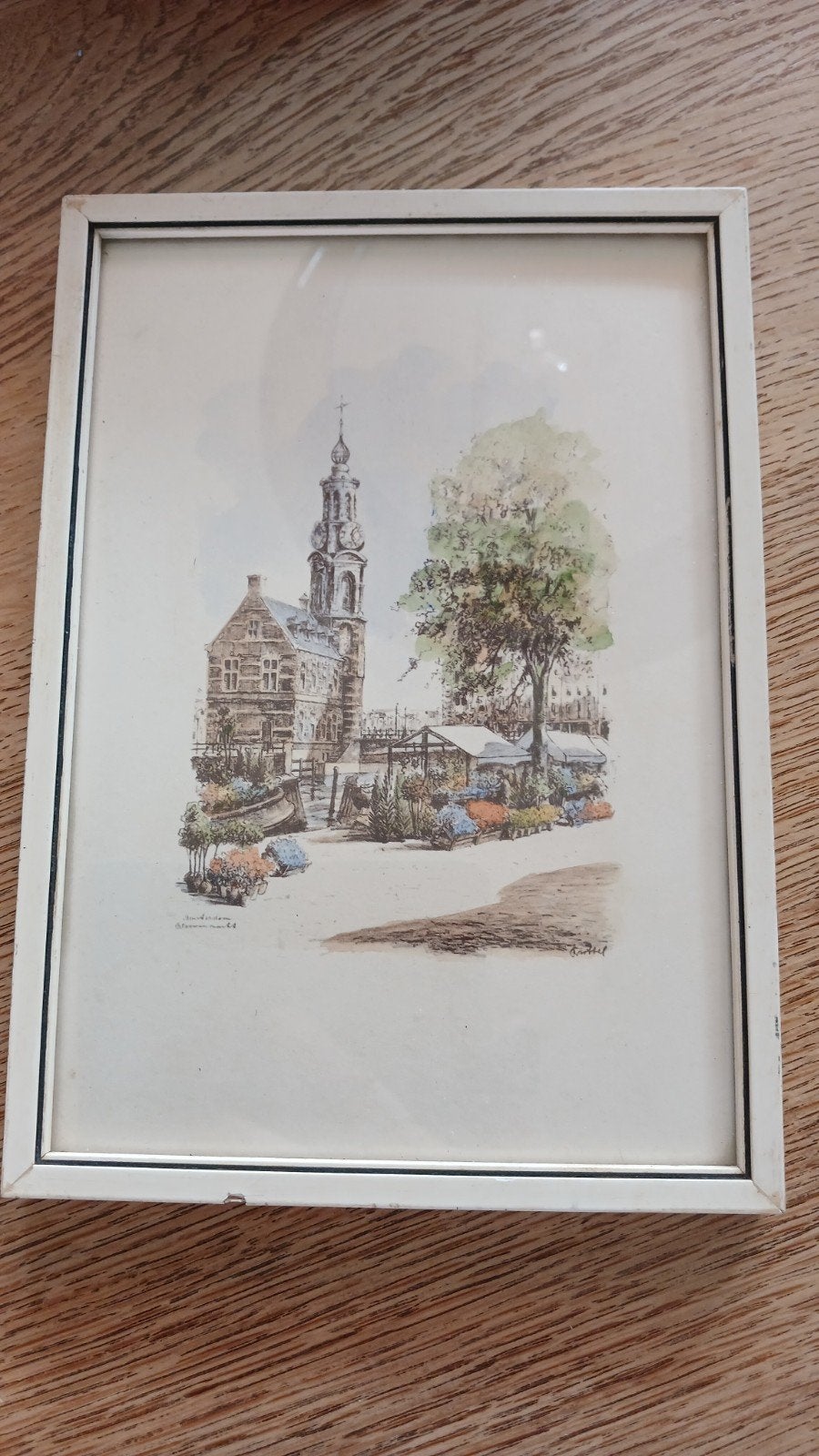 Vintage tekening/litho bloemenmarkt A'dam Bob Brobbel, Ophalen of Verzenden, Tekening, Overige technieken, Ingelijst