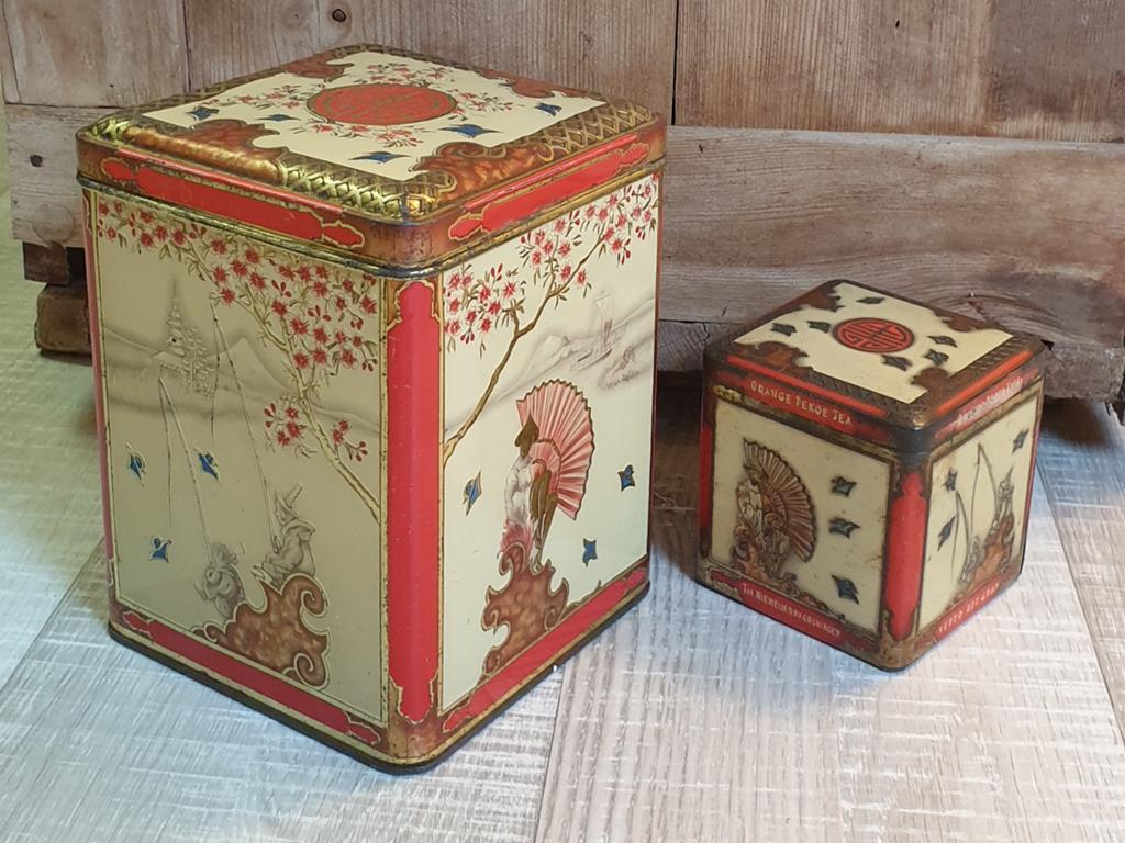 Vintage Niemeijer theeblikken met Oosterse taferelen 1950's, Verzamelen, Blikken, Ophalen, Gebruikt, Thee, Overige merken