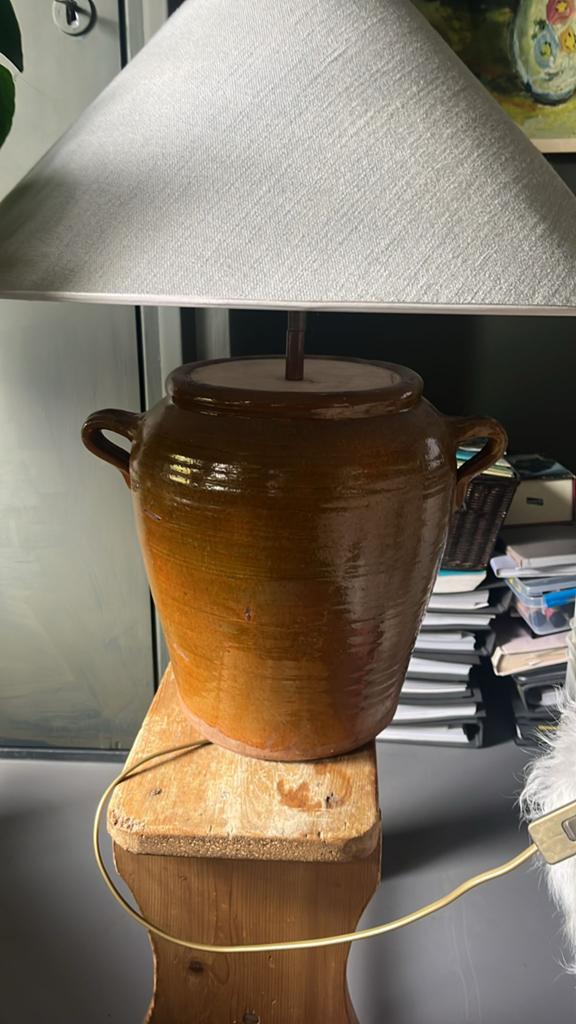 Antieke kruiklamp met linnen kap, Huis en Inrichting, Lampen | Tafellampen, Ophalen, Gebruikt, Overige materialen, 50 tot 75 cm