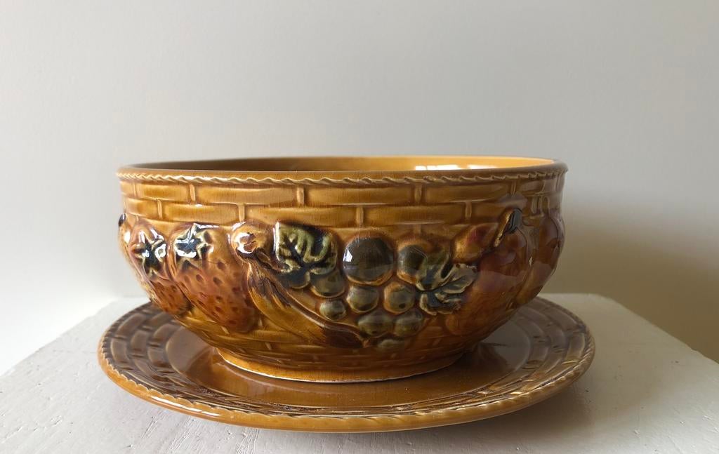 Vintage fruitschaal voorzien van uitlek- schotel., Ophalen of Verzenden