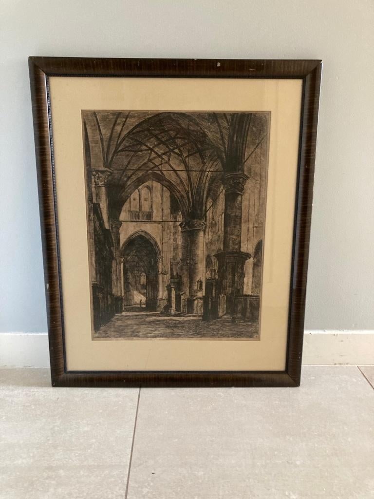 Ets/pentekening van interieur kerk, Ophalen