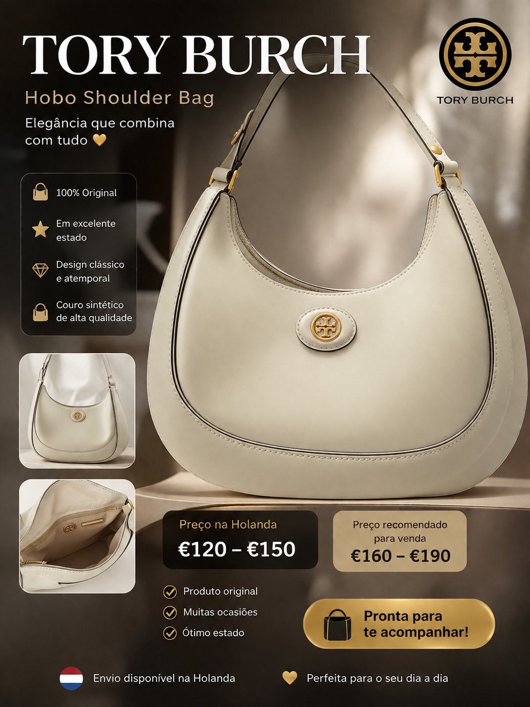 Tory Burch Hobo Schoudertas - Crème, Zo goed als nieuw, Ophalen of Verzenden, Zo goed als nieuw, Beige, Schoudertasje