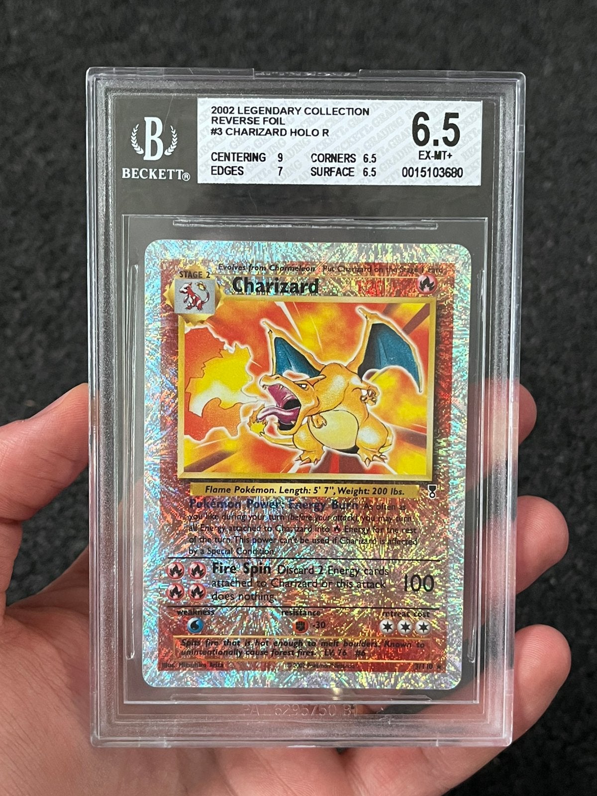 Pokémon BGS 6.5 Charizard Rev. holo #3 legendary collection, Ophalen of Verzenden, Zo goed als nieuw, Losse kaart, Foil