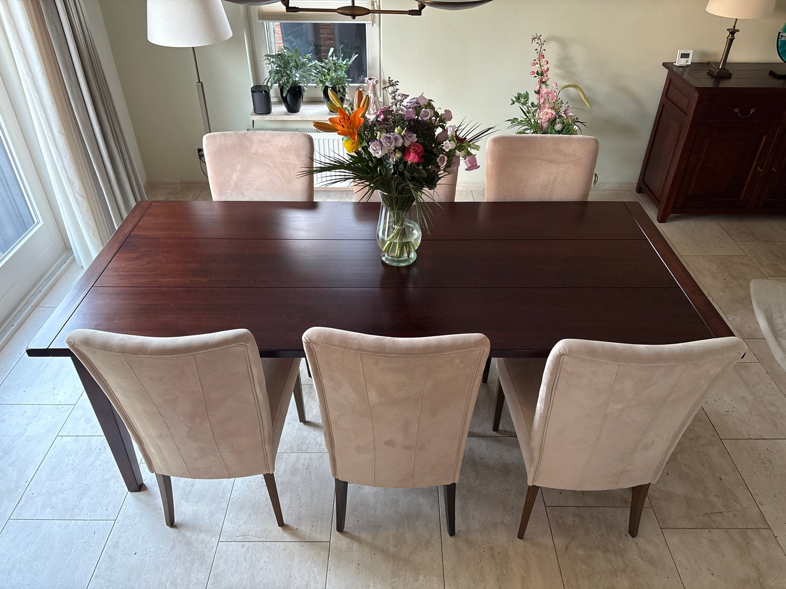 Eetkamertafel kersenhout met 6 leren stoelen, 220x100cm, 100 tot 150 cm, 200 cm of meer, Ophalen of Verzenden, Zo goed als nieuw