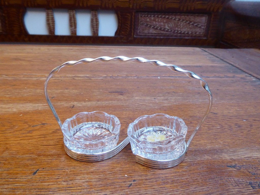 Vintage peper en zout setje, kristal en metaal (2)