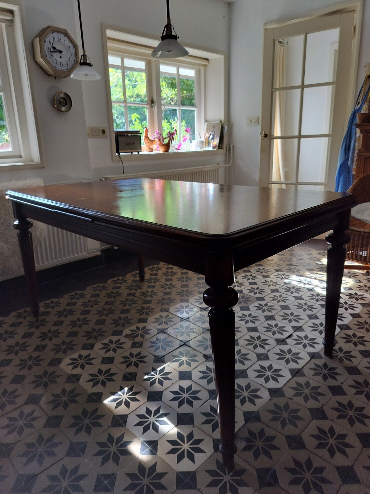 Mahoniehouten eettafel met 2 uittrekbladen - massief hout, Gebruikt, 150 tot 200 cm, Rechthoekig, Overige houtsoorten